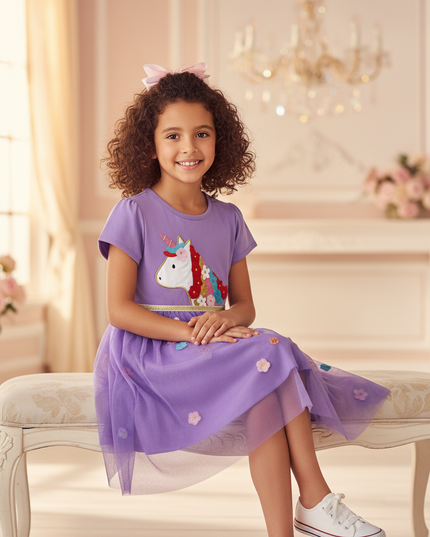 purple unicorn flower applique dress - sitting