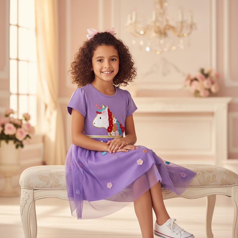 purple unicorn flower applique dress - sitting
