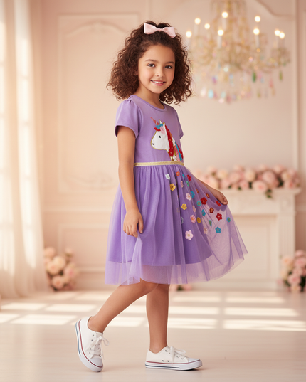purple unicorn flower applique dress - three-quarter