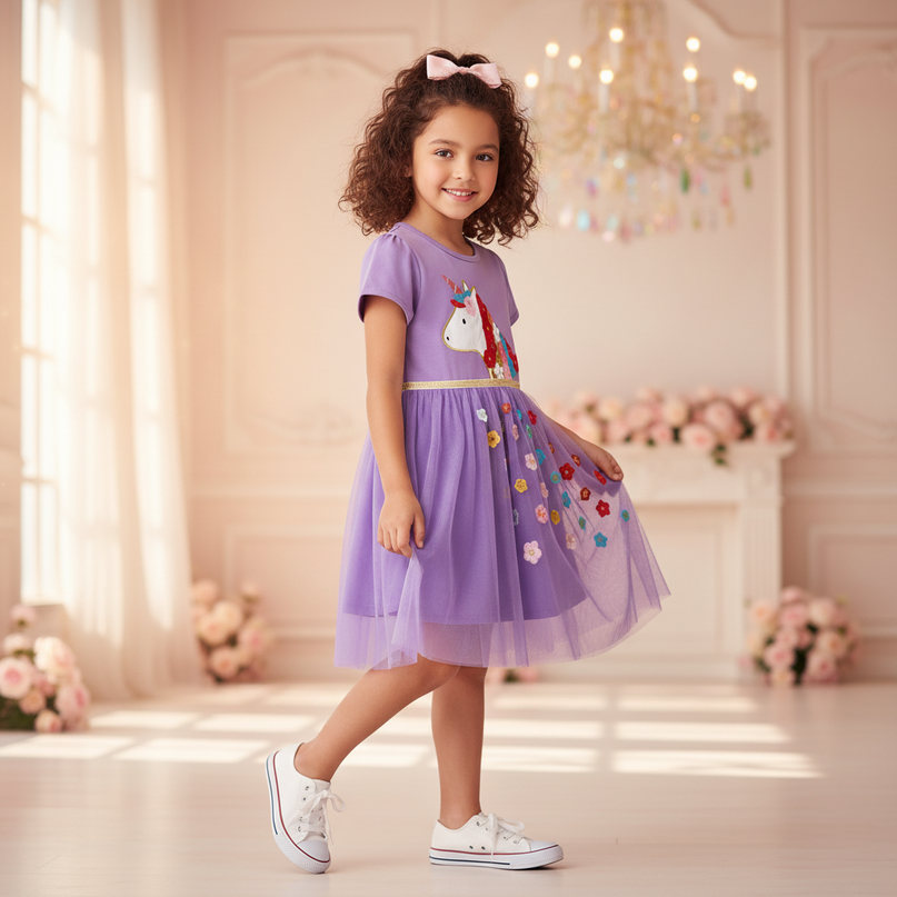 purple unicorn flower applique dress - three-quarter