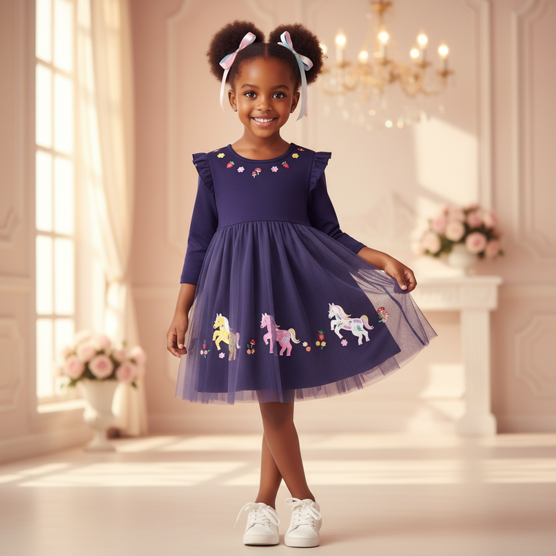 purple unicorn flower girl dress - front