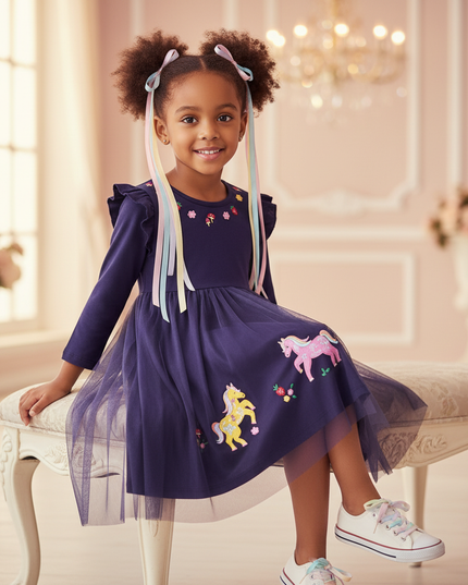 purple unicorn flower girl dress - sitting