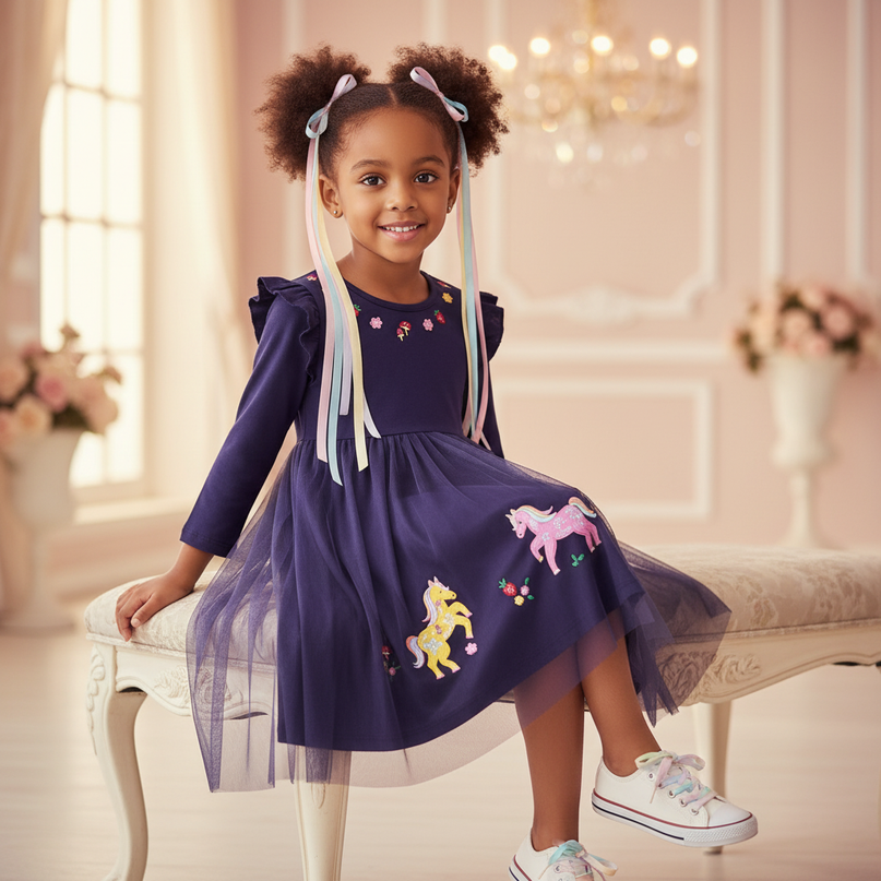 purple unicorn flower girl dress - sitting
