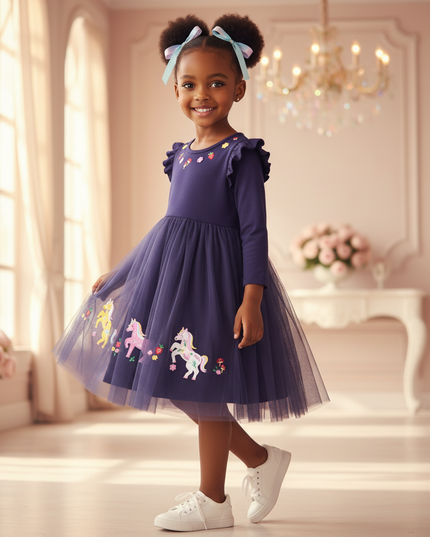 purple unicorn flower girl dress - three-quarter