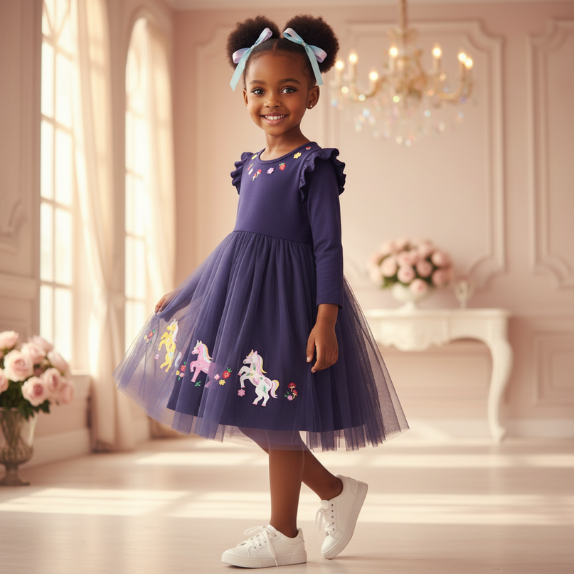 purple unicorn flower girl dress - three-quarter