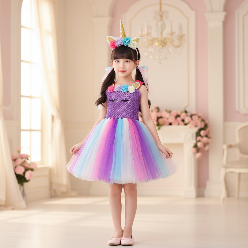 purple unicorn flower tutu dress - detail