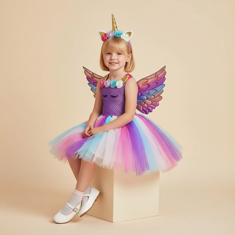 purple unicorn flower tutu dress set - sitting