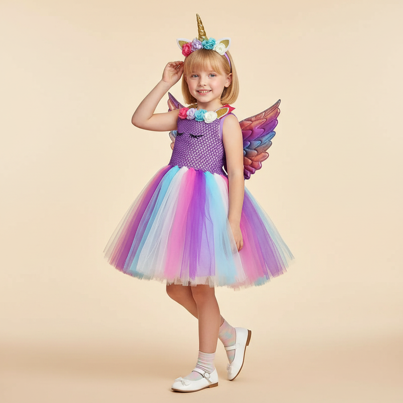 purple unicorn flower tutu dress set - three-quarter