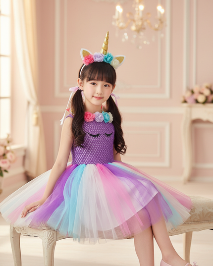 purple unicorn flower tutu dress - sitting