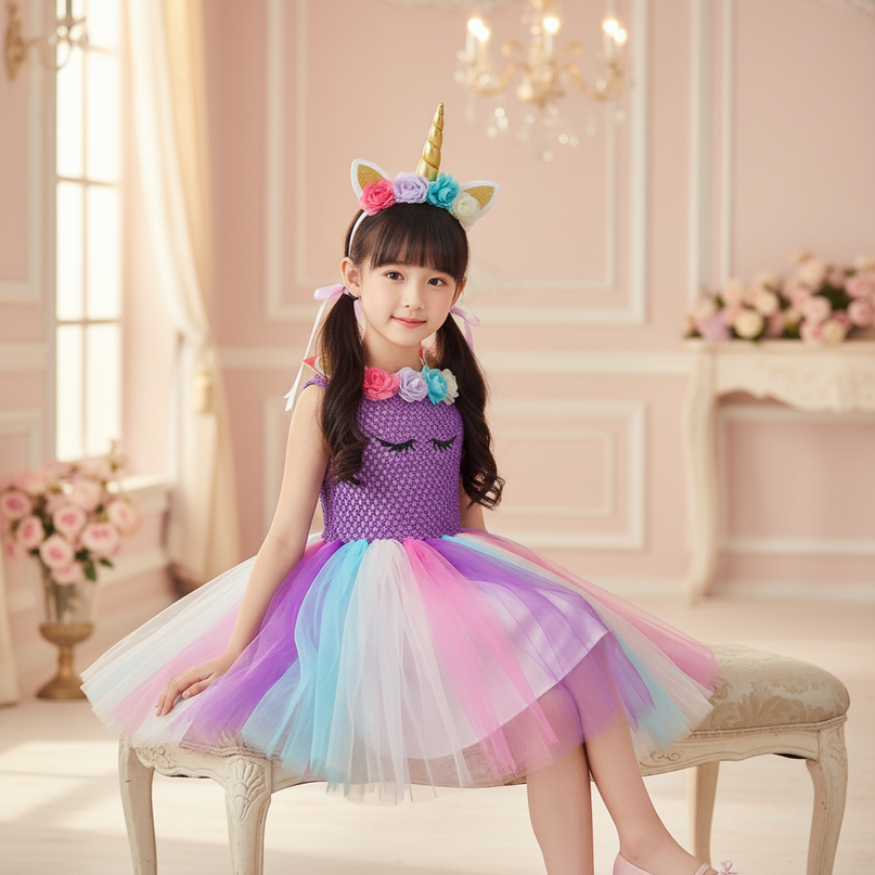 purple unicorn flower tutu dress - sitting