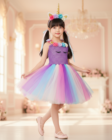 purple unicorn flower tutu dress - three-quarter