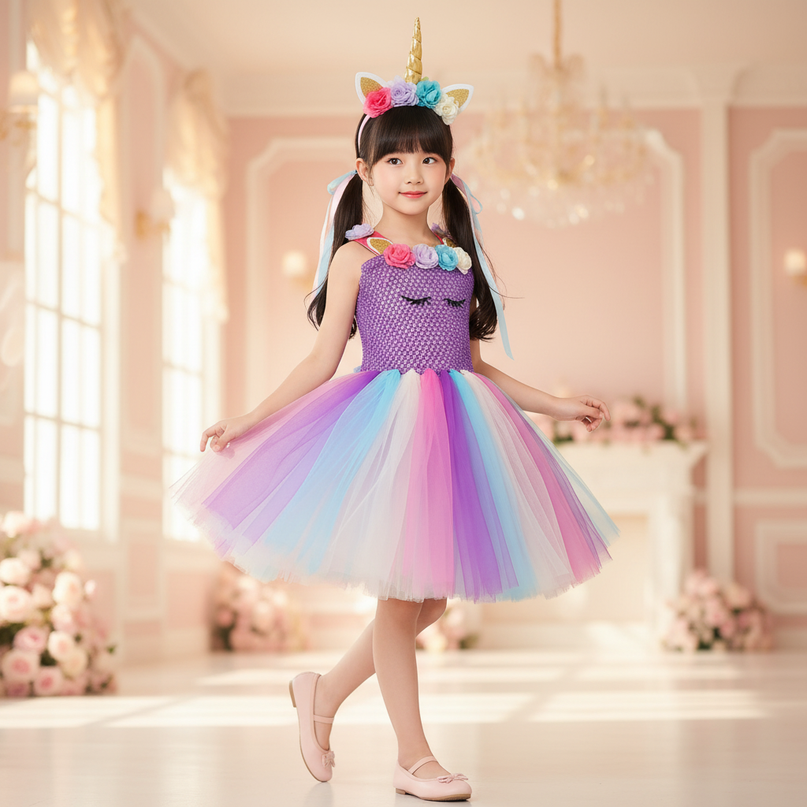 purple unicorn flower tutu dress - three-quarter