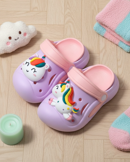 purple unicorn garden slippers - flat-lay