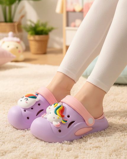 purple unicorn garden slippers - in-use