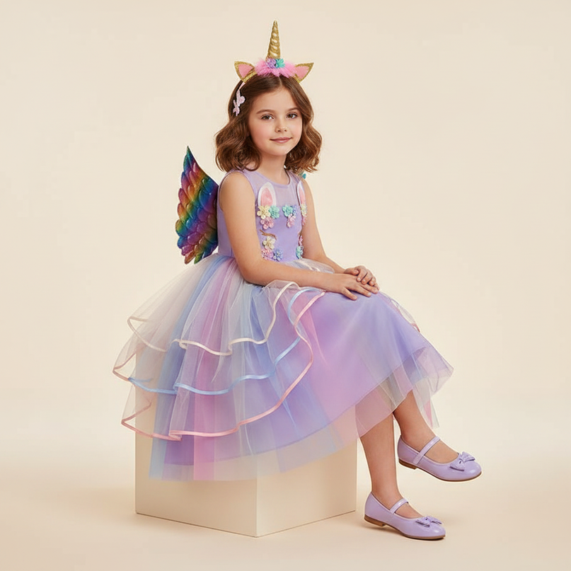 purple unicorn gown dress set - sitting