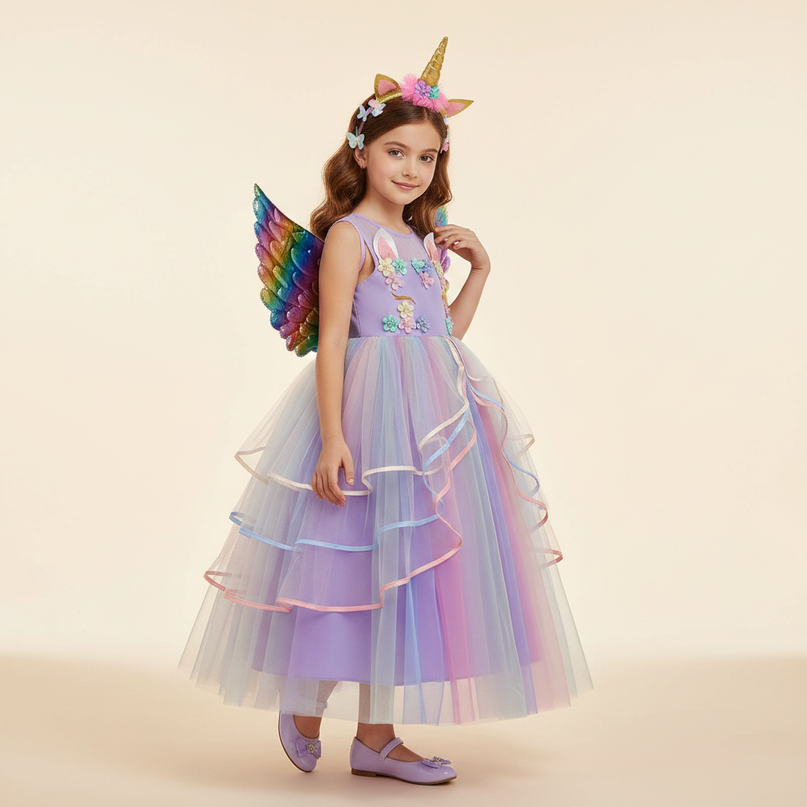 purple unicorn gown dress set - three-quarter