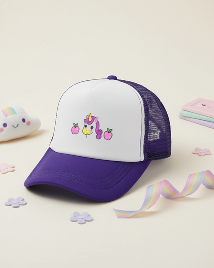 purple unicorn hat - flat-lay