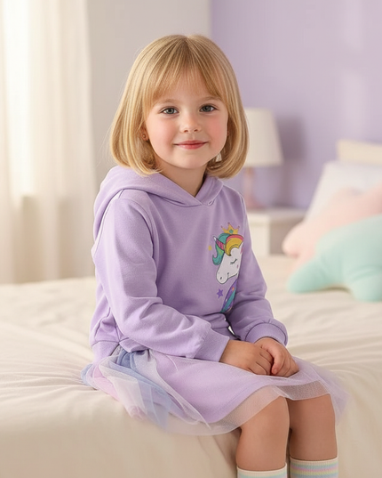 purple unicorn hoodie dress - sitting