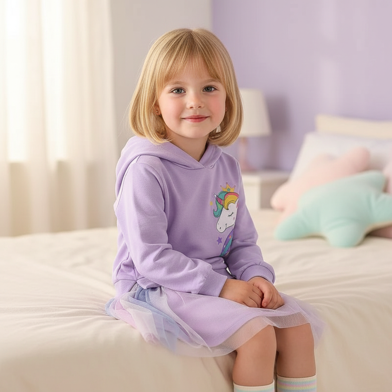 purple unicorn hoodie dress - sitting