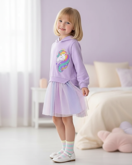 purple unicorn hoodie dress - three-quarter