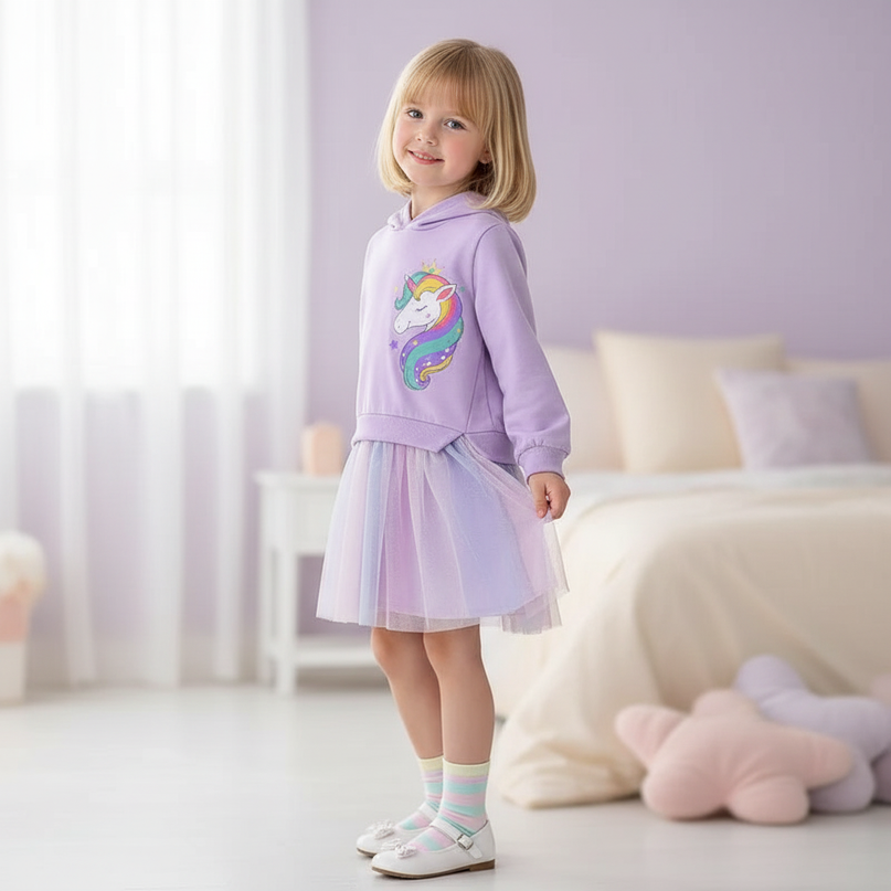 purple unicorn hoodie dress - three-quarter