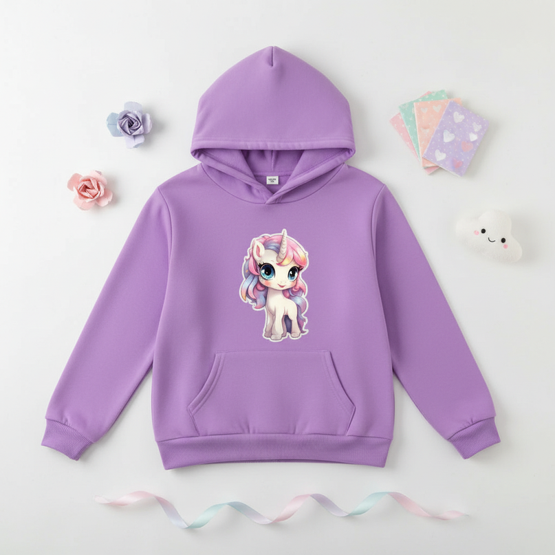 purple unicorn hoodie - flat-lay