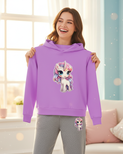 purple unicorn hoodie - in-use