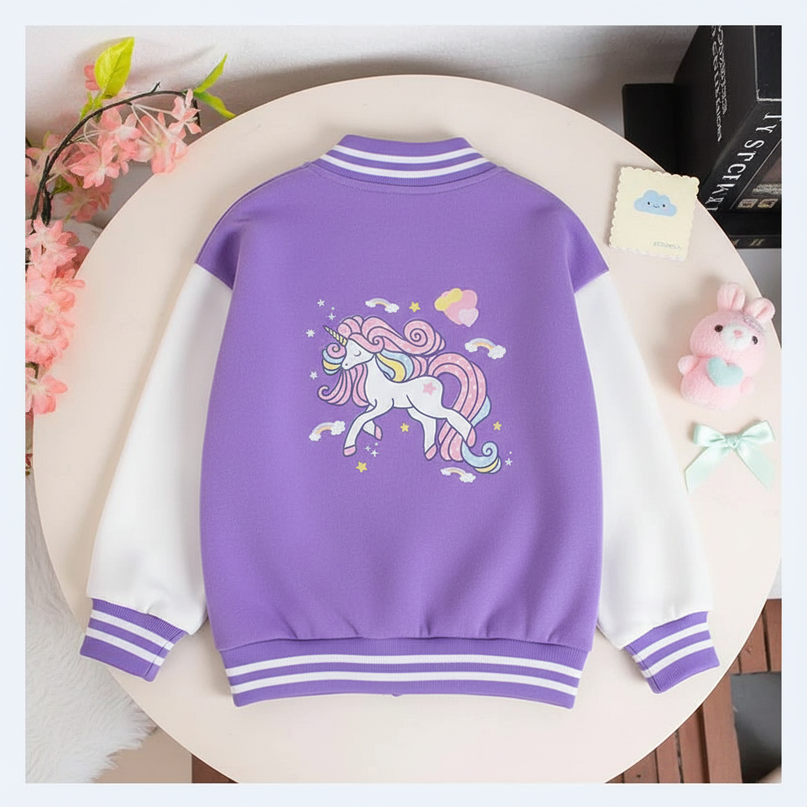purple unicorn jacket - flat-lay