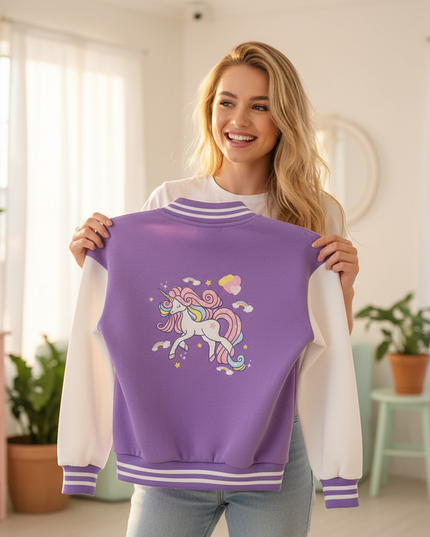 purple unicorn jacket - in-use