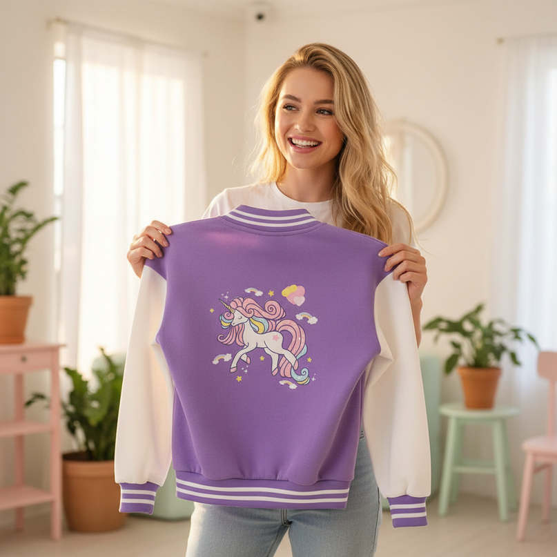 purple unicorn jacket - in-use