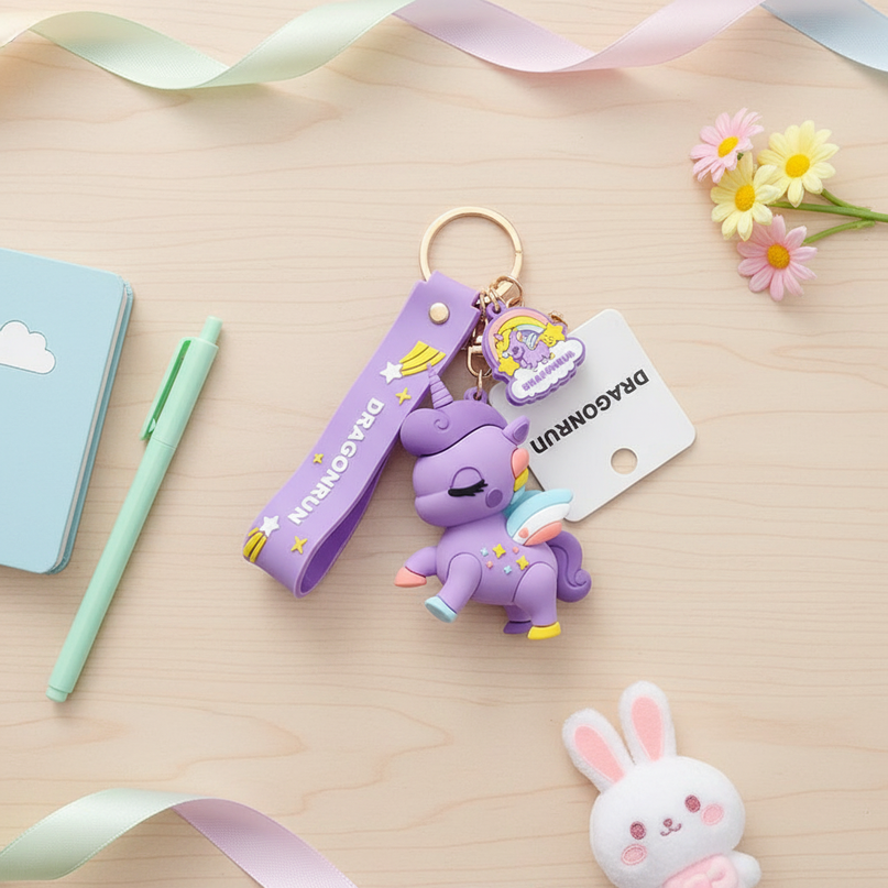 purple unicorn keychain - flat-lay