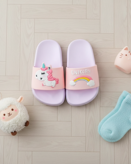 purple unicorn kids slippers - flat-lay