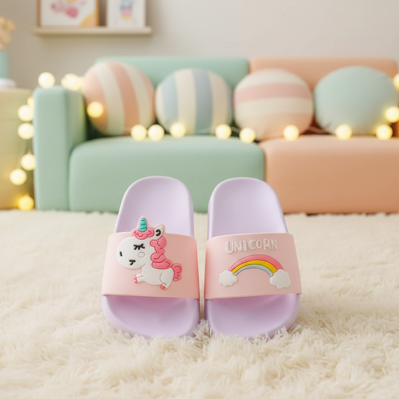 purple unicorn kids slippers - lifestyle