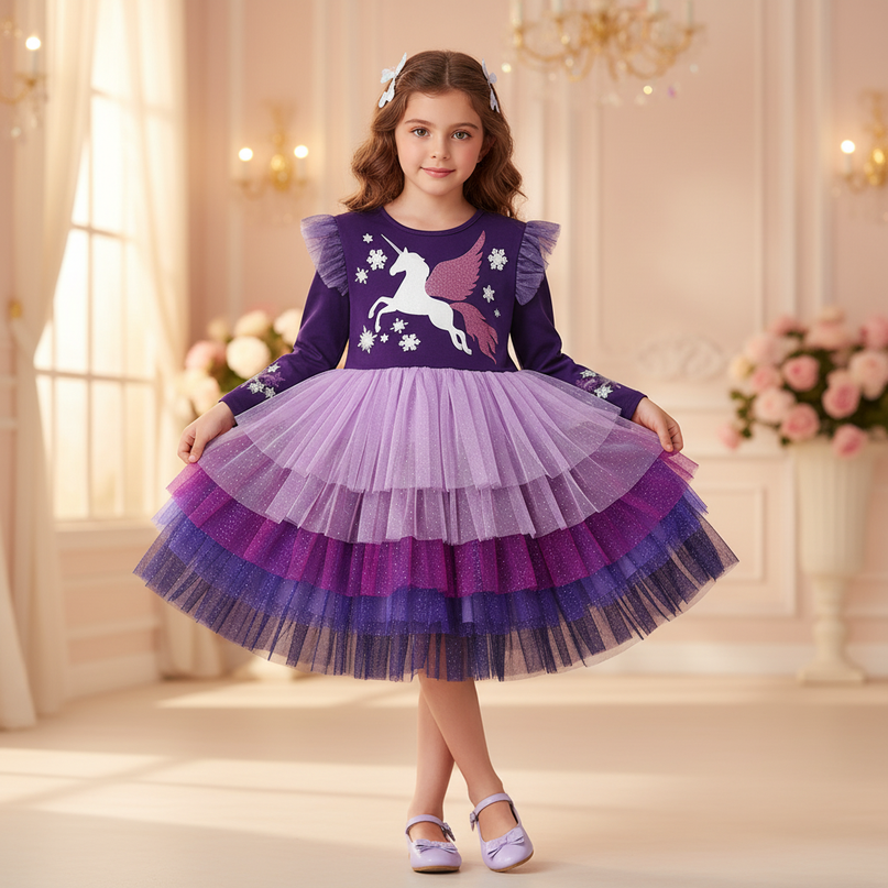purple unicorn layered dress - front