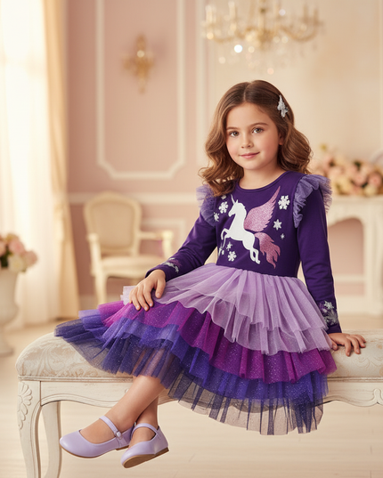 purple unicorn layered dress - sitting