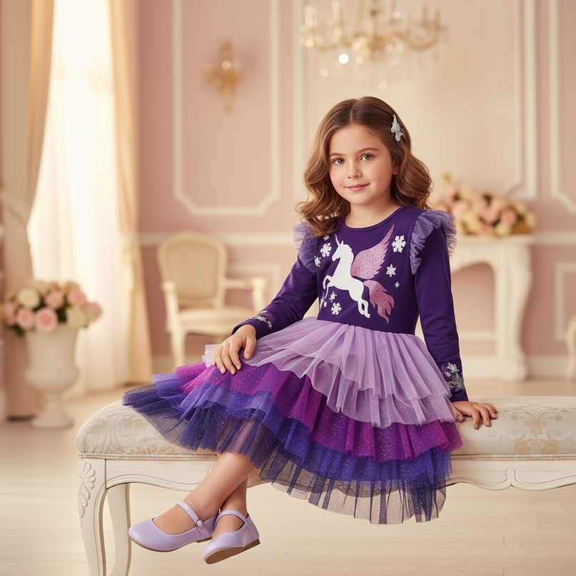 purple unicorn layered dress - sitting