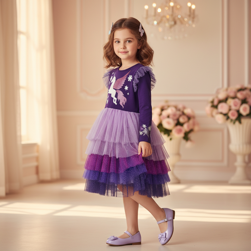 purple unicorn layered dress - three-quarter