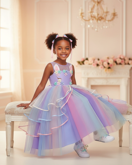 purple unicorn layered gown dress - sitting