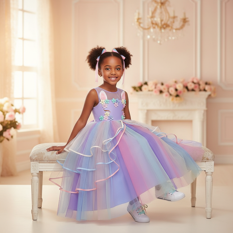 purple unicorn layered gown dress - sitting