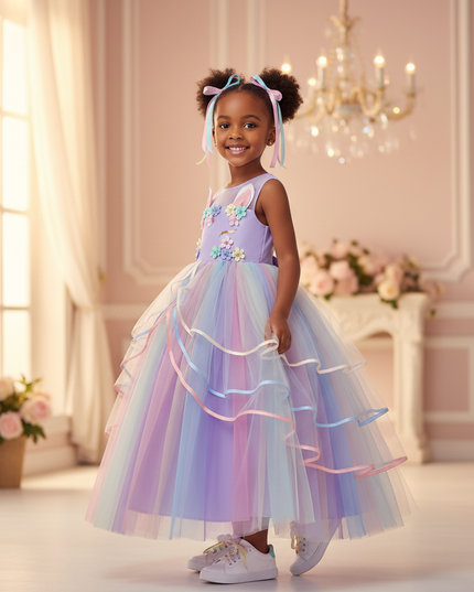 purple unicorn layered gown dress - three-quarter