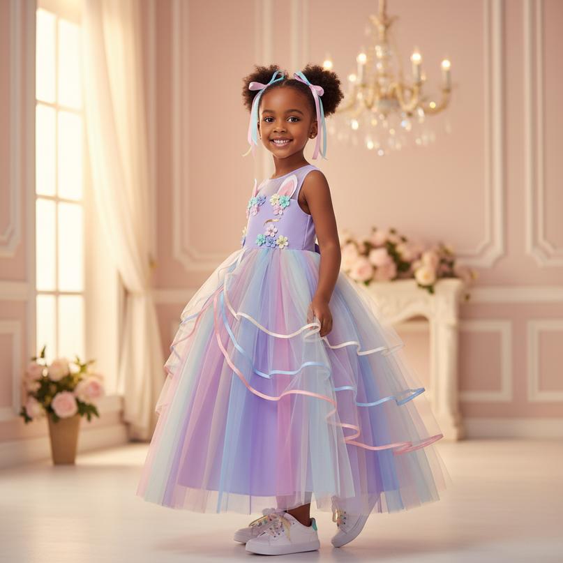 purple unicorn layered gown dress - three-quarter
