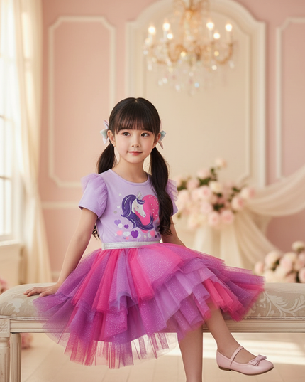 purple unicorn layered tutu dress - sitting