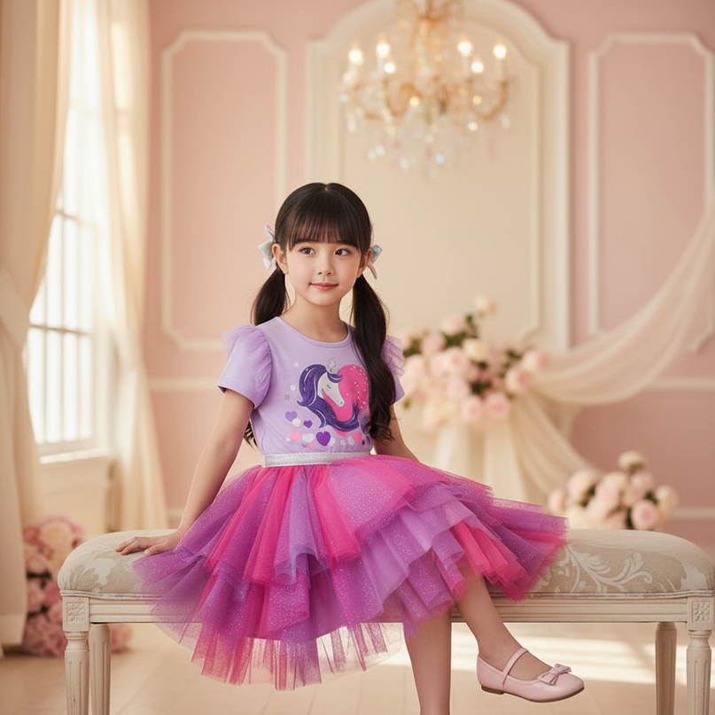 purple unicorn layered tutu dress - sitting
