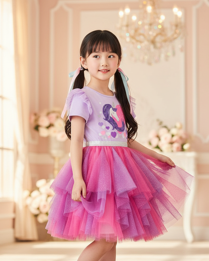 purple unicorn layered tutu dress - three-quarter