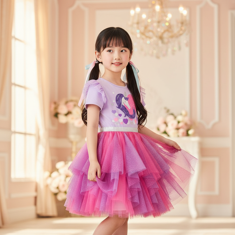 purple unicorn layered tutu dress - three-quarter