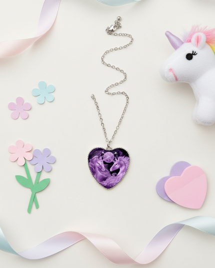 purple unicorn necklace - flat-lay
