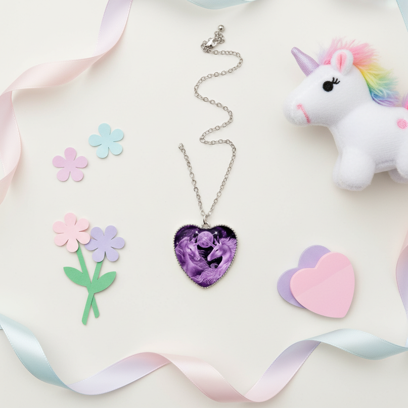 purple unicorn necklace - flat-lay