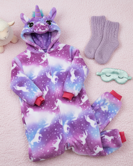 purple unicorn onesie - flat-lay