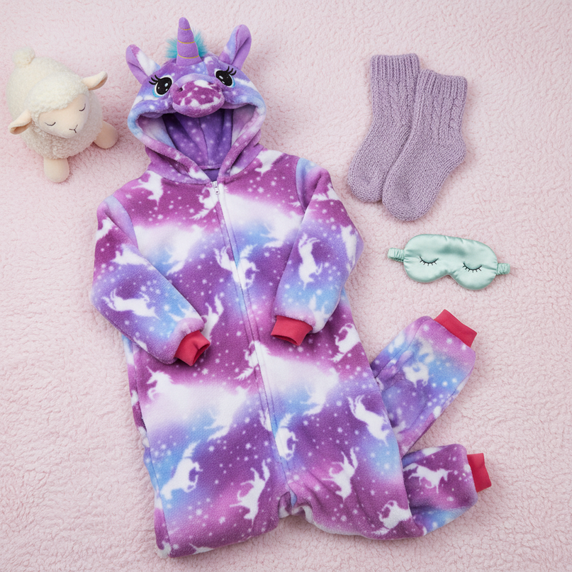 purple unicorn onesie - flat-lay