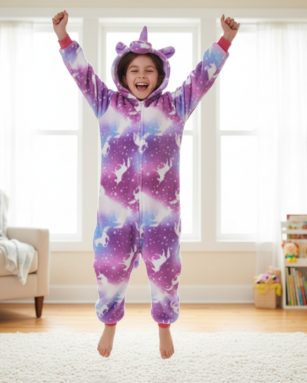 purple unicorn onesie - in-use